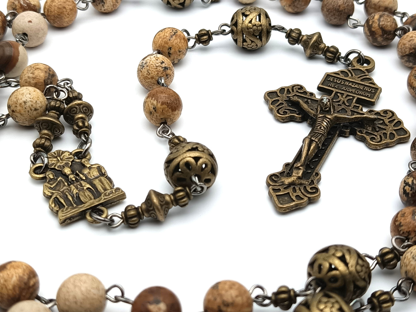 Vintage style unique rosary beads with natural jasper gemstone beads, bronze pardon crucifix, pater beads and Holy Trinity centre medal.