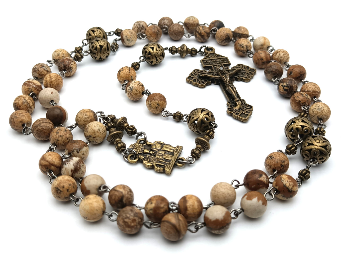 Vintage style unique rosary beads with natural jasper gemstone beads, bronze pardon crucifix, pater beads and Holy Trinity centre medal.