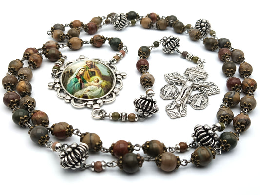 Holy Family unique rosary beads with gemstone beads, silver pardon crucifix, pater beads, and picture centre medal. 