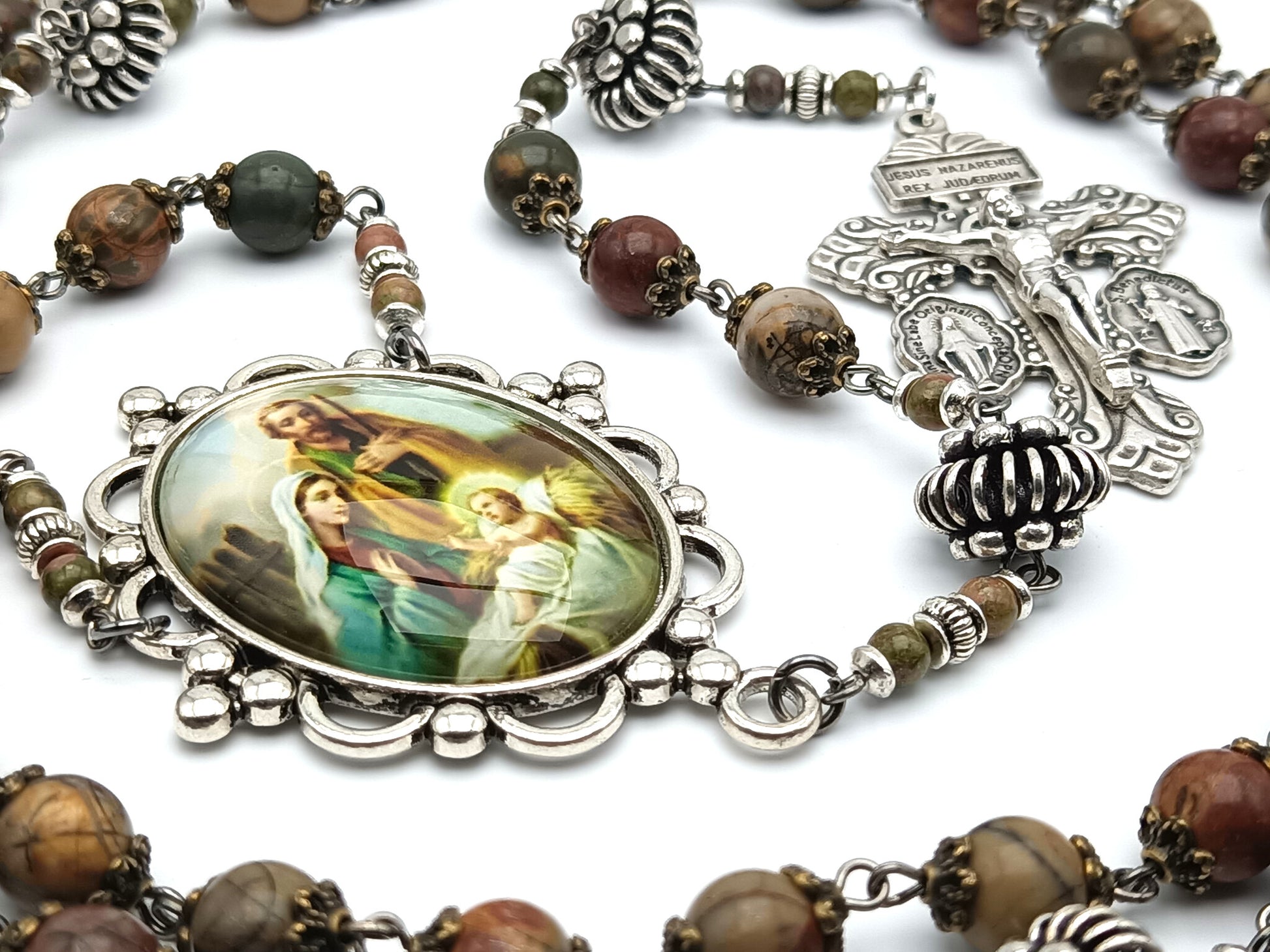 Holy Family unique rosary beads with gemstone beads, silver pardon crucifix, pater beads, and picture centre medal. 