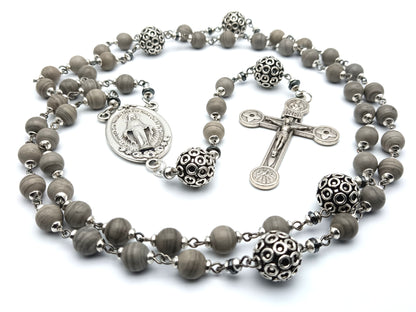 Miraculous medal unique rosary beads with grey gemstone beads, silver crucifix, pater beads and centre medal.