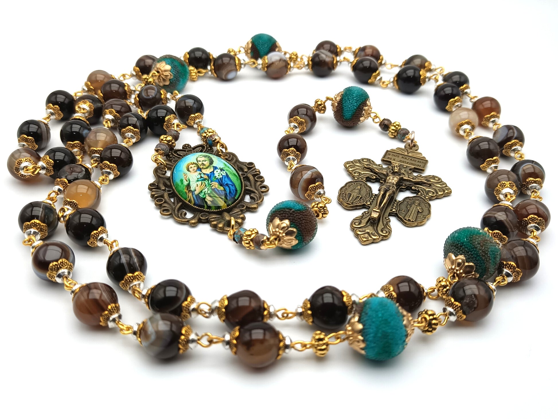 Saint Joseph unique rosary beads with agate gemstone beads, bronze pardon crucifix and picture centre medal.