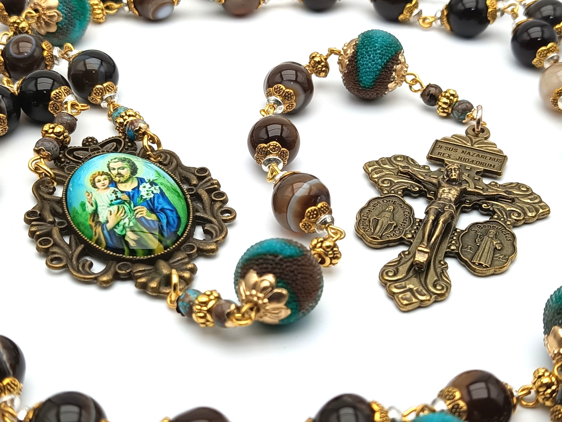 Saint Joseph unique rosary beads with agate gemstone beads, bronze pardon crucifix and picture centre medal.