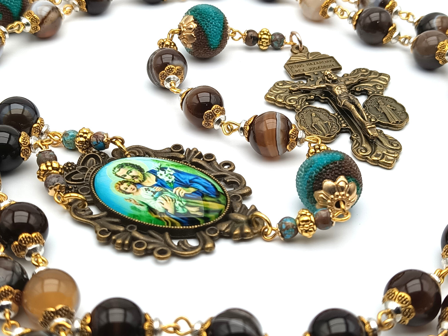 Saint Joseph unique rosary beads with agate gemstone beads, bronze pardon crucifix and picture centre medal.