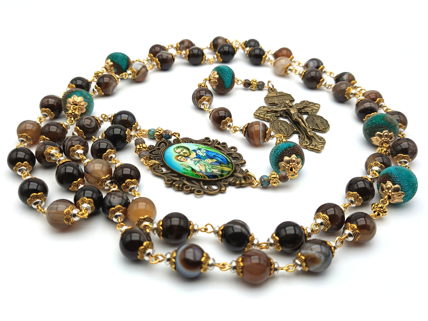 Saint Joseph unique rosary beads with agate gemstone beads, bronze pardon crucifix and picture centre medal.