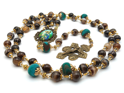 Saint Joseph unique rosary beads with agate gemstone beads, bronze pardon crucifix and picture centre medal.