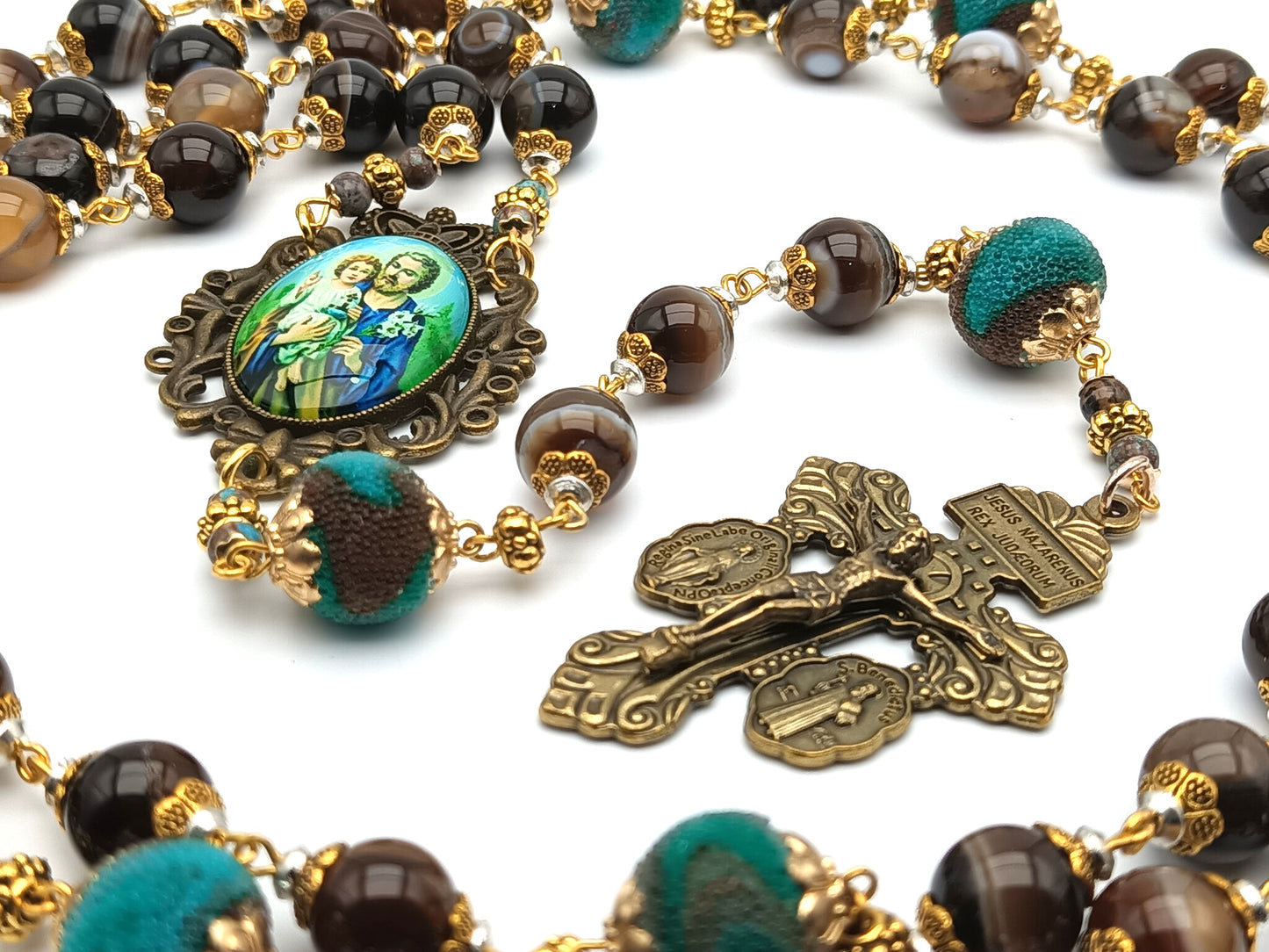 Saint Joseph unique rosary beads with agate gemstone beads, bronze pardon crucifix and picture centre medal.