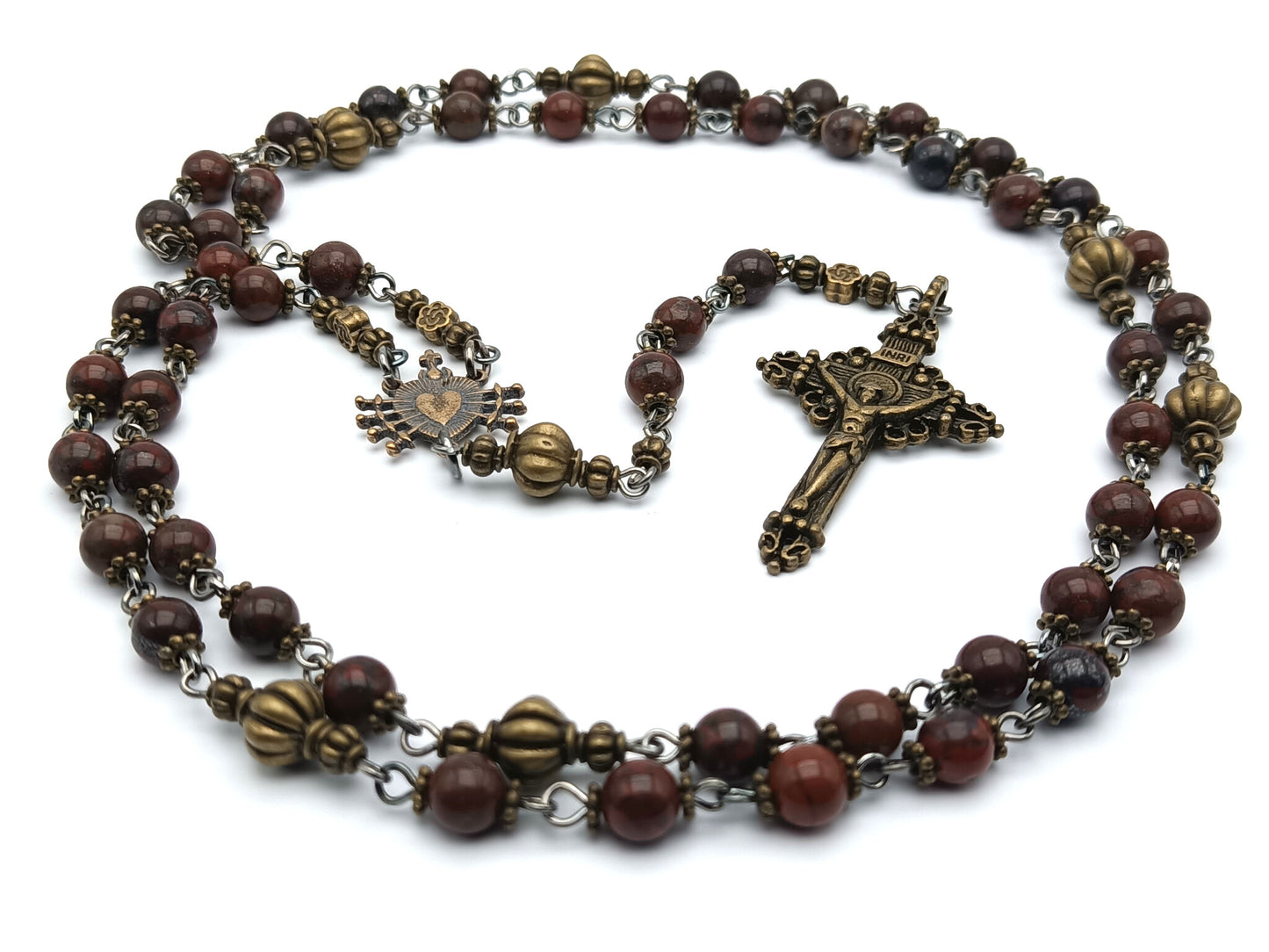 Seven Sorrows unique rosary beads with gemstone beads, bronze crucifix, pater beads and centre medal.