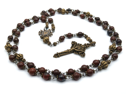Seven Sorrows unique rosary beads with gemstone beads, bronze crucifix, pater beads and centre medal.