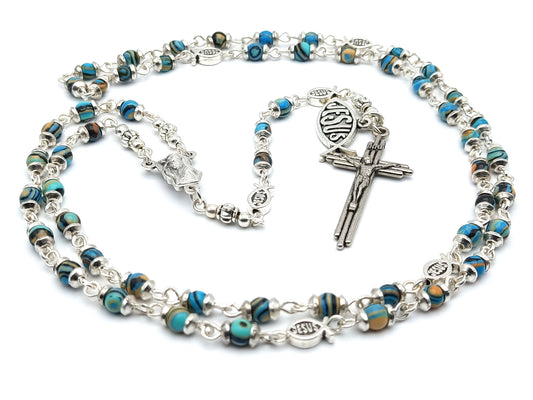 Miniature Icthus Jesus unique rosary beads with multicoloured gemstone beads, silver crucifix, Icthus pater beads and Virgin Mary centre medal.