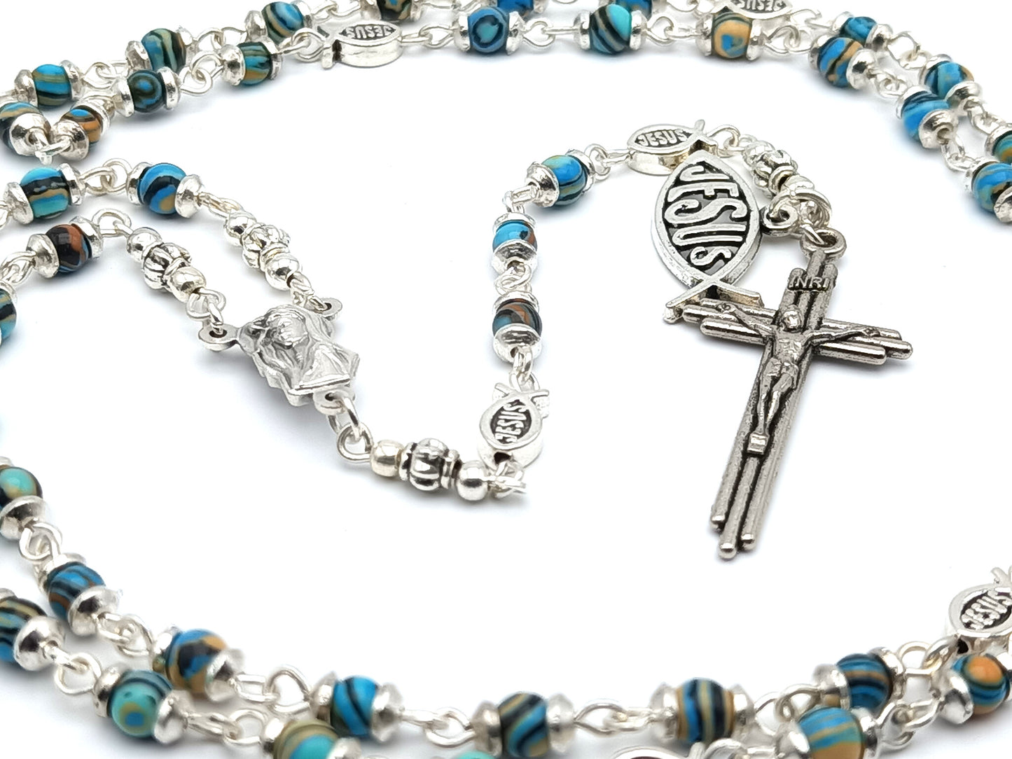 Miniature Icthus Jesus unique rosary beads with multicoloured gemstone beads, silver crucifix, Icthus pater beads and Virgin Mary centre medal.