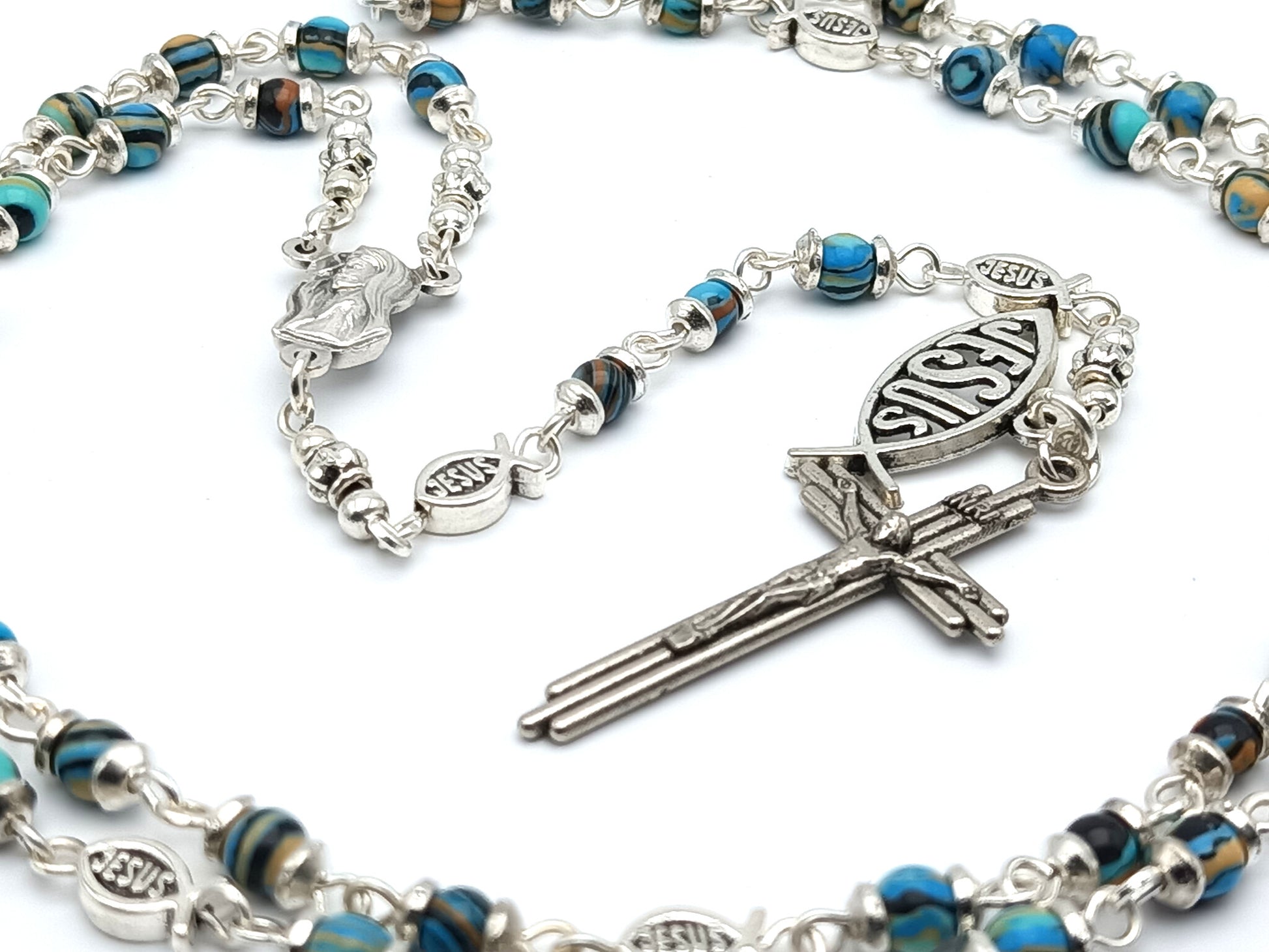 Miniature Icthus Jesus unique rosary beads with multicoloured gemstone beads, silver crucifix, Icthus pater beads and Virgin Mary centre medal.