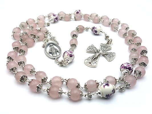 Immaculate Conception unique rosary beads with rose quartz gemstone beads, silver crucifix, porcelain pater beads and silver miraculous centre medal.