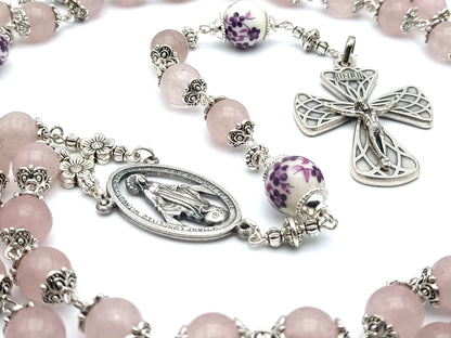 Immaculate Conception unique rosary beads with rose quartz gemstone beads, silver crucifix, porcelain pater beads and silver miraculous centre medal.