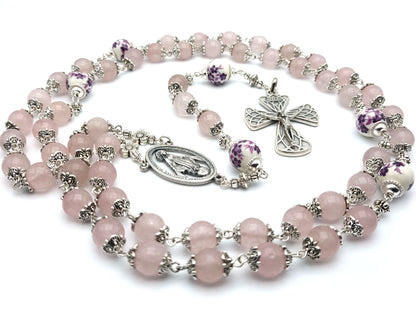 Immaculate Conception unique rosary beads with rose quartz gemstone beads, silver crucifix, porcelain pater beads and silver miraculous centre medal.