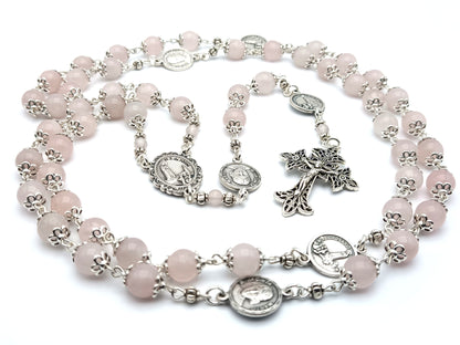 Fatima unique rosary beads with rose quartz gemstone beads, silver lattice crucifix, pater bead medals and centre medal.