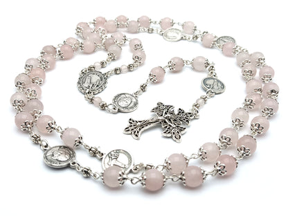 Fatima unique rosary beads with rose quartz gemstone beads, silver lattice crucifix, pater bead medals and centre medal.