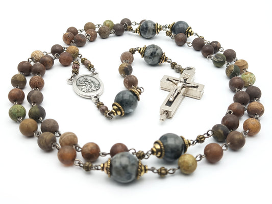 God the Father unique rosary beads with natural stone gemstone beads, ROMA reliquary crucifix, and silver centre medal.