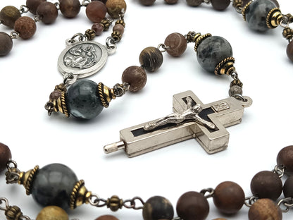 God the Father unique rosary beads with natural stone gemstone beads, ROMA reliquary crucifix, and silver centre medal.