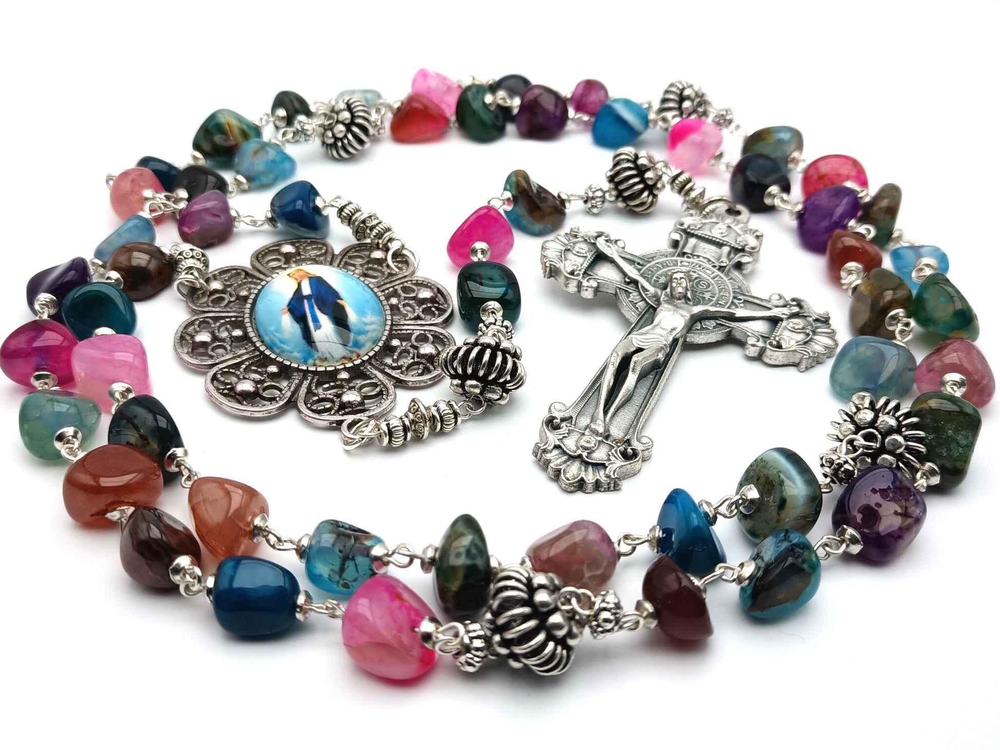 Our Lady of Grace unique rosary beads with agate gemstone beads, large Saint Benedict crucifix, silver pater beads and picture centre medal.