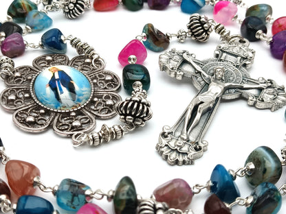 Our Lady of Grace unique rosary beads with agate gemstone beads, large Saint Benedict crucifix, silver pater beads and picture centre medal.