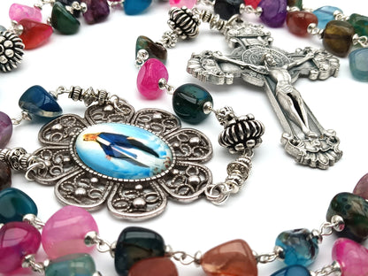 Our Lady of Grace unique rosary beads with agate gemstone beads, large Saint Benedict crucifix, silver pater beads and picture centre medal.