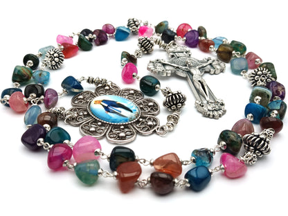 Our Lady of Grace unique rosary beads with agate gemstone beads, large Saint Benedict crucifix, silver pater beads and picture centre medal.