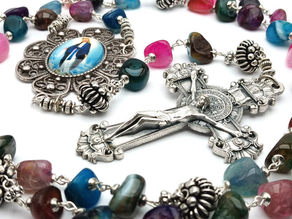 Our Lady of Grace unique rosary beads with agate gemstone beads, large Saint Benedict crucifix, silver pater beads and picture centre medal.