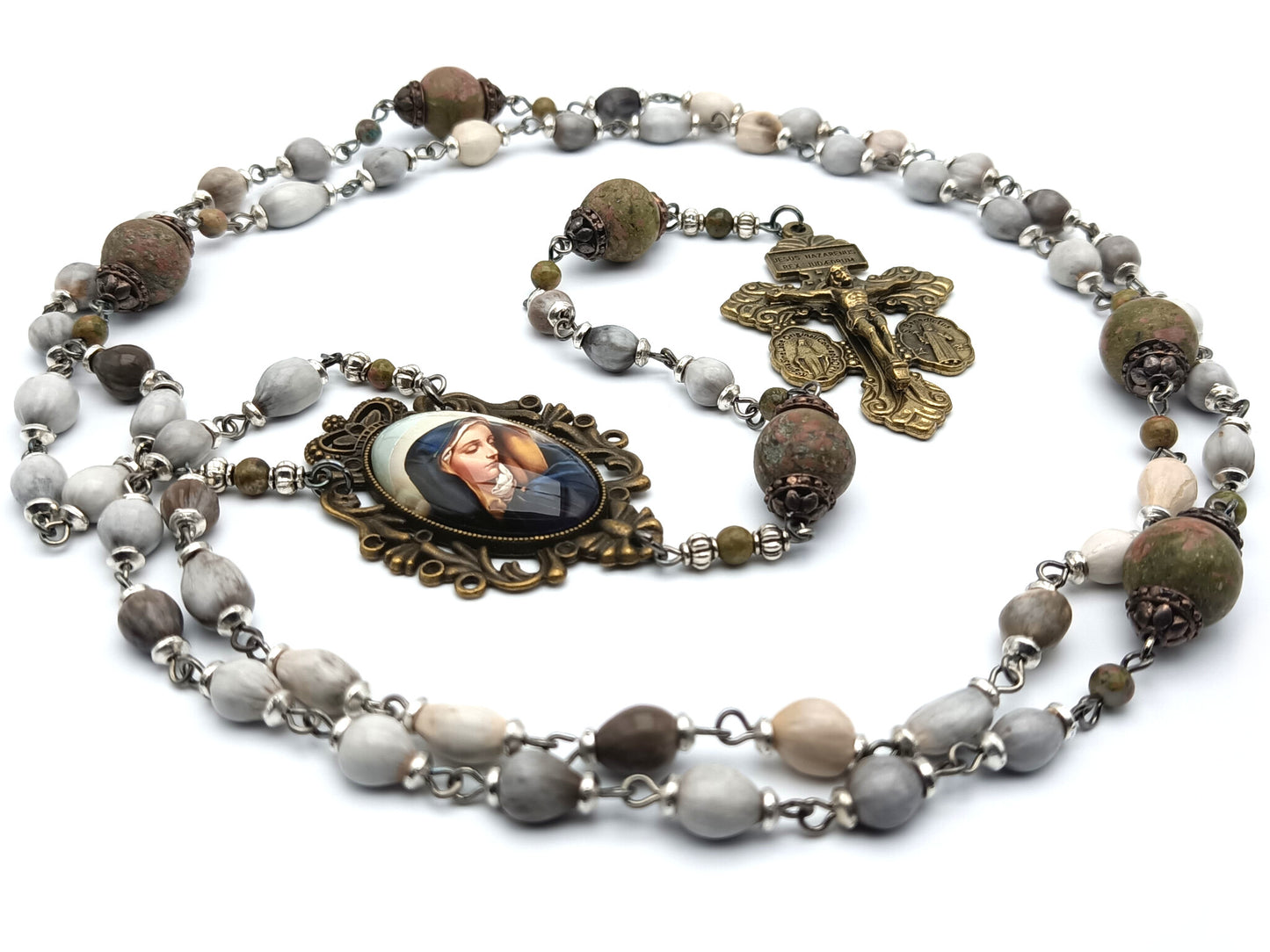 Our Lady of Sorrows unique rosary beads with Jobs tears beads, jasper gemstone pater beads, bronze pardon crucifix and picture centre medal.