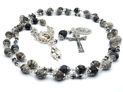 Saint Anthony of Padua unique rosary beads prayer chaplet with grey gemstone beads, silver Holy Trinity crucifix, picture centre medal and Virgin and Child medal.