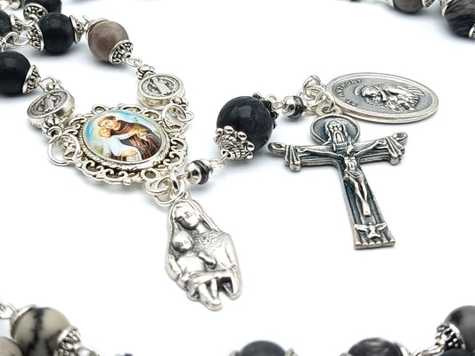 Saint Anthony of Padua unique rosary beads prayer chaplet with grey gemstone beads, silver Holy Trinity crucifix, picture centre medal and Virgin and Child medal.