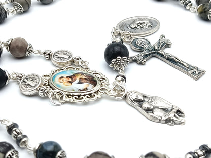 Saint Anthony of Padua unique rosary beads prayer chaplet with grey gemstone beads, silver Holy Trinity crucifix, picture centre medal and Virgin and Child medal.