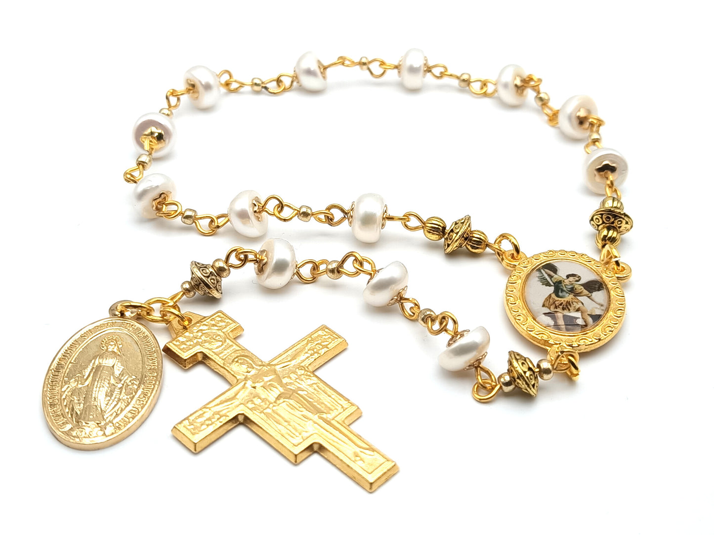 Saint Michael unique rosary beads single decade with pearl beads, gold plated crucifix, miraculous medal and Saint Michael picture centre medal.