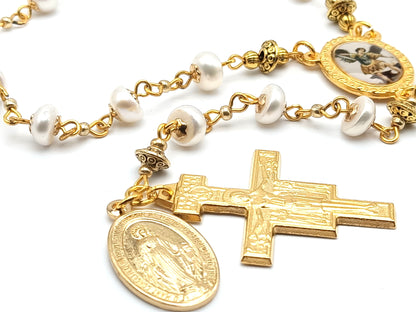 Saint Michael unique rosary beads single decade with pearl beads, gold plated crucifix, miraculous medal and Saint Michael picture centre medal.
