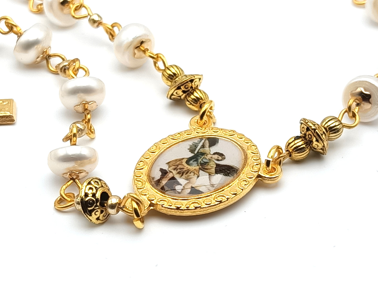 Saint Michael unique rosary beads single decade with pearl beads, gold plated crucifix, miraculous medal and Saint Michael picture centre medal.