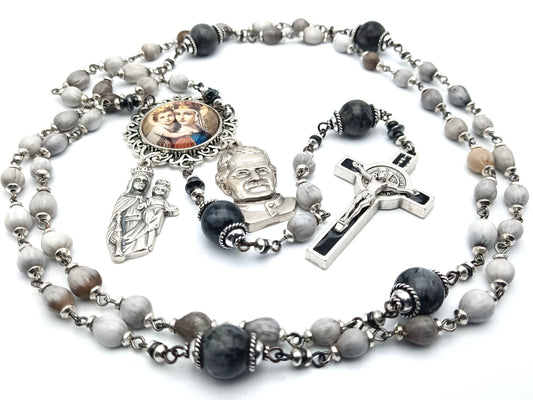 Our Lady help of Christians unique rosary beads with gemstone and Jobs tears beads, Saint Dom Bosco medal and Saint Benedict crucifix.