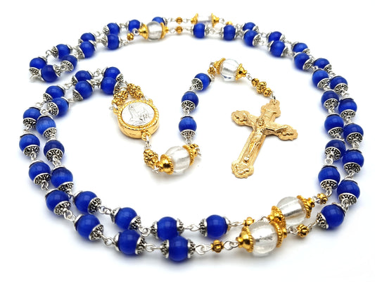 Our Lady of Fatima unique rosary beads with blue and silver foil glass beads, golden crucifix, Fatima centre medal and bead caps.