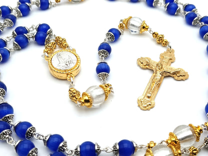 Our Lady of Fatima unique rosary beads with blue and silver foil glass beads, golden crucifix, Fatima centre medal and bead caps.