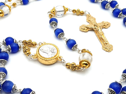 Our Lady of Fatima unique rosary beads with blue and silver foil glass beads, golden crucifix, Fatima centre medal and bead caps.