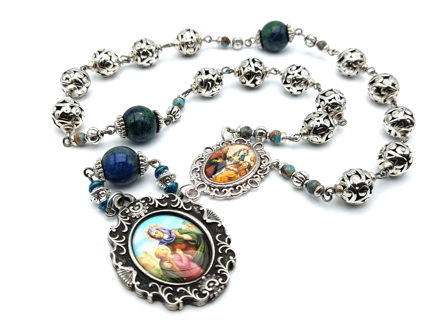 Saint Ann & Joachim unique rosary beads prayer chaplet with Tibetan silver  and lapis lazuli beads, silver picture medals.