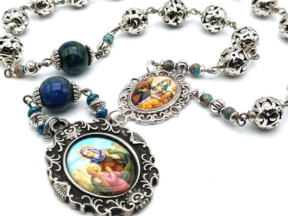 Saint Ann & Joachim unique rosary beads prayer chaplet with Tibetan silver  and lapis lazuli beads, silver picture medals.