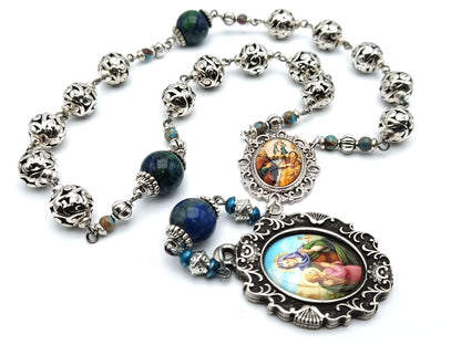 Saint Ann & Joachim unique rosary beads prayer chaplet with Tibetan silver  and lapis lazuli beads, silver picture medals.