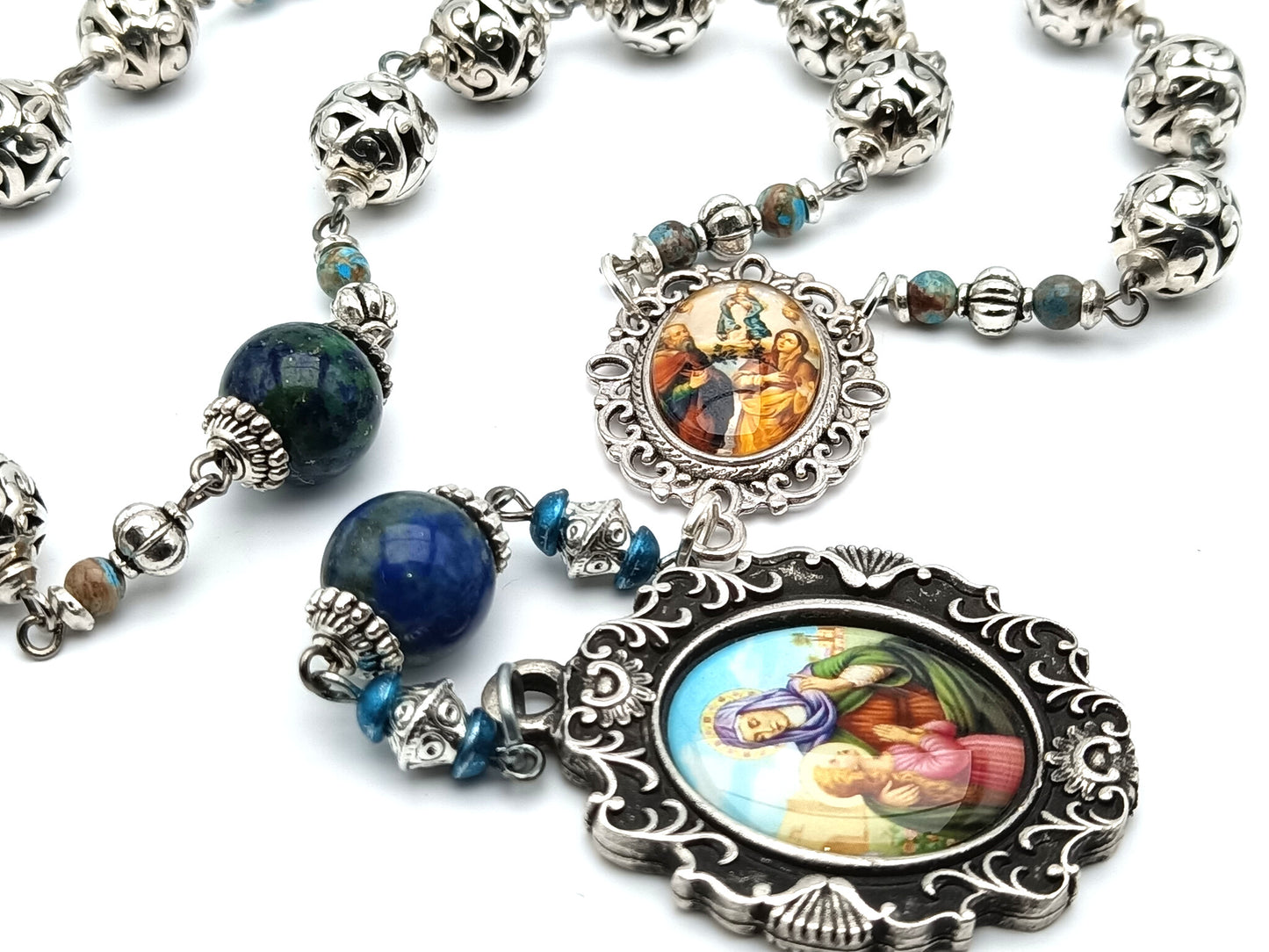 Saint Ann & Joachim unique rosary beads prayer chaplet with Tibetan silver  and lapis lazuli beads, silver picture medals.