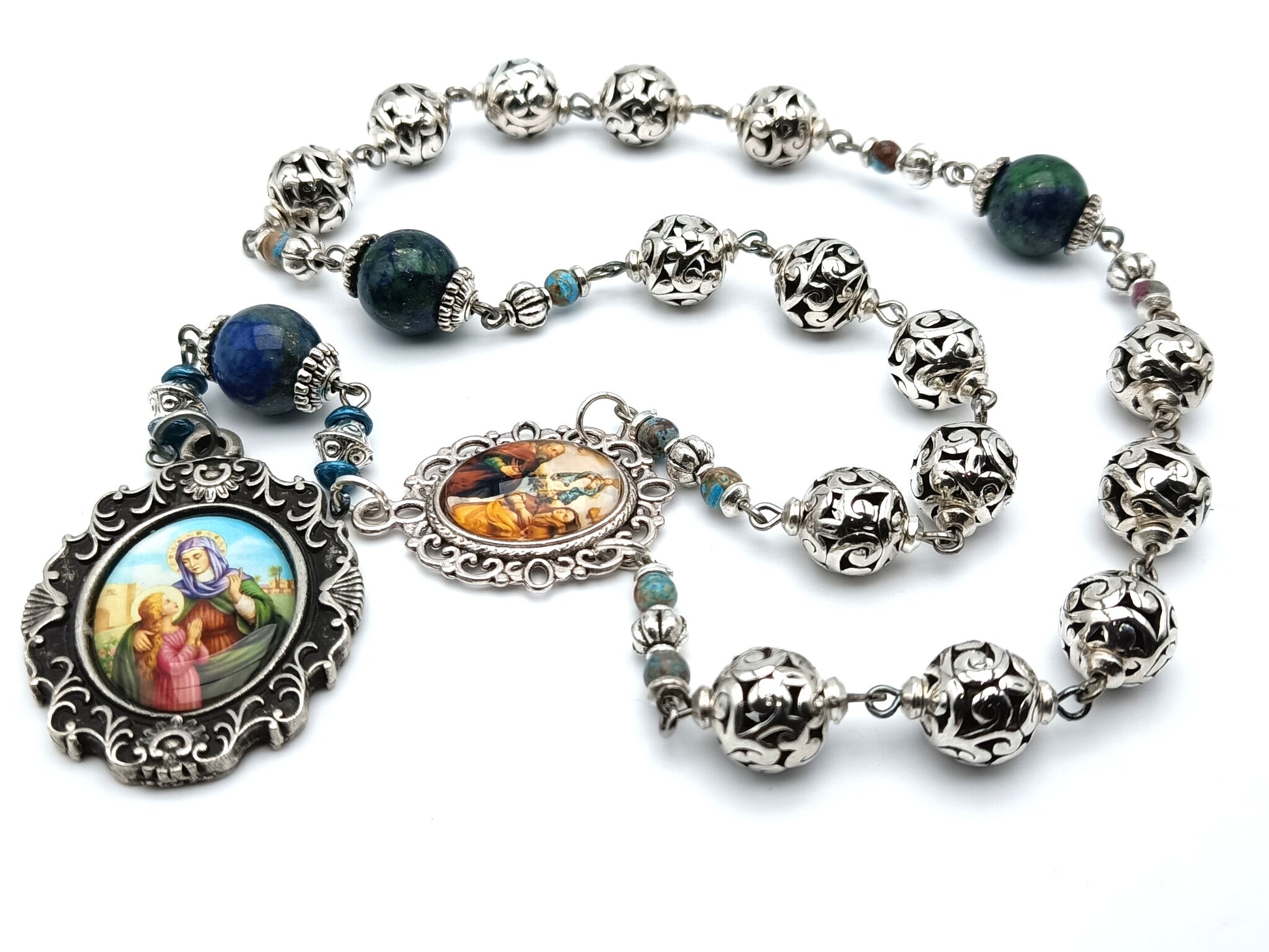 Saint Ann & Joachim unique rosary beads prayer chaplet with Tibetan silver  and lapis lazuli beads, silver picture medals.