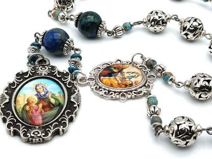 Saint Ann & Joachim unique rosary beads prayer chaplet with Tibetan silver  and lapis lazuli beads, silver picture medals.