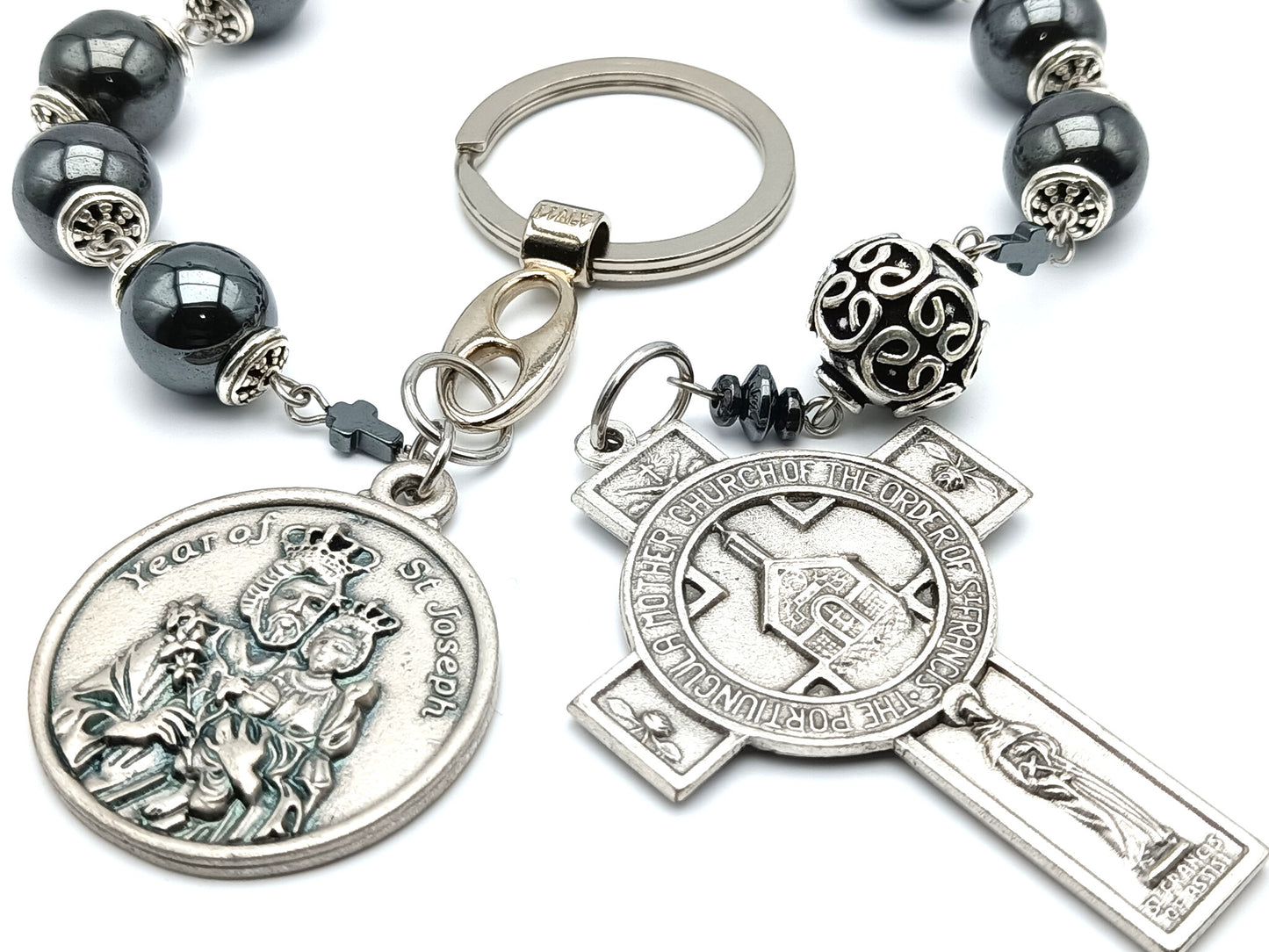 Year of Saint Joseph unique rosary beads decade rosary with hematite beads, silver Saint Francis crucifix and Saint Joseph medal.