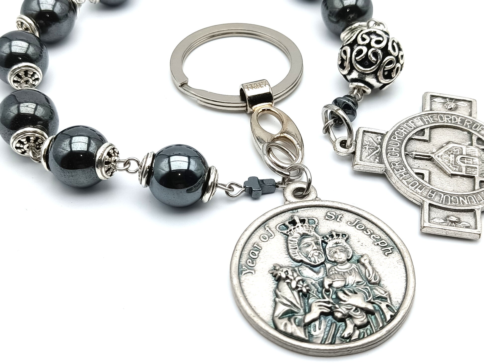 Year of Saint Joseph unique rosary beads decade rosary with hematite beads, silver Saint Francis crucifix and Saint Joseph medal.