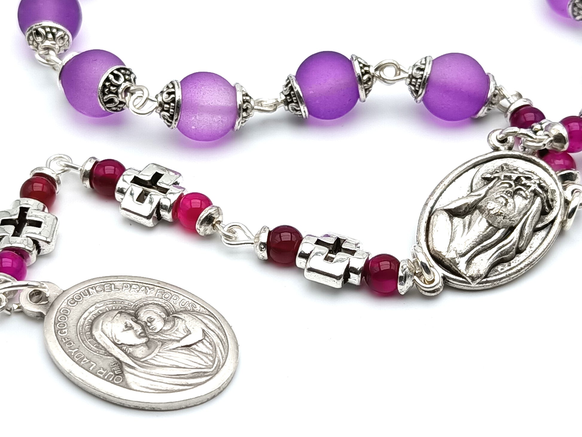 Infant of Prague unique rosary beads prayer chaplet with purple glass and silver beads, picture medal and Our Lady of Good Council medal.