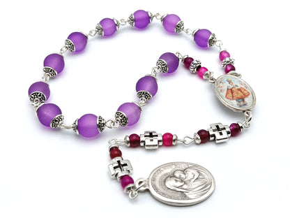 Infant of Prague unique rosary beads prayer chaplet with purple glass and silver beads, picture medal and Our Lady of Good Council medal.