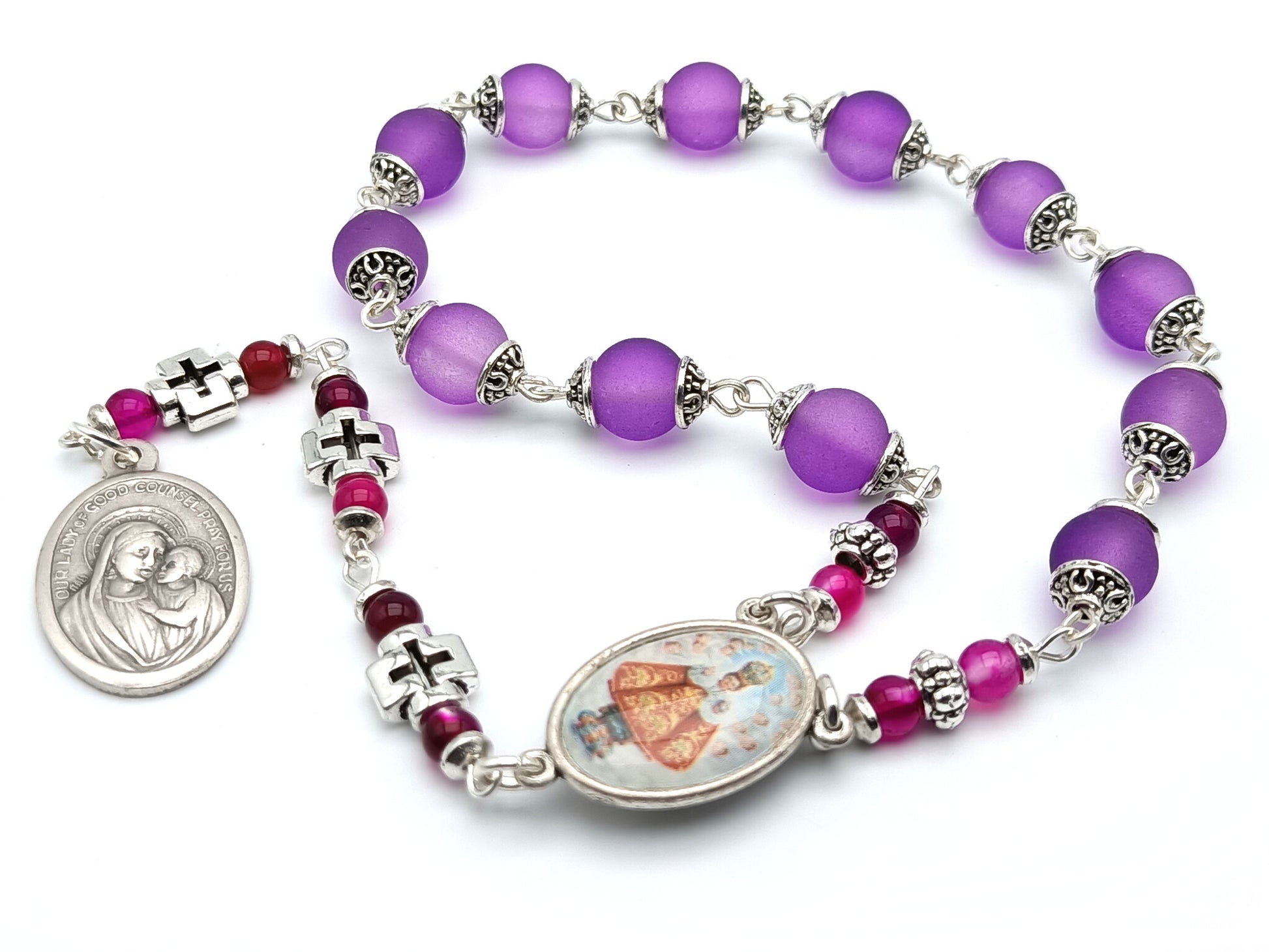 Infant of Prague unique rosary beads prayer chaplet with purple glass and silver beads, picture medal and Our Lady of Good Council medal.